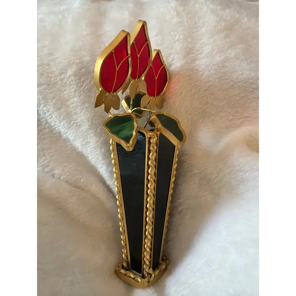 Rare Vintage Stained Glass Style Red Tulip Flower Vase Gold Tone Decor